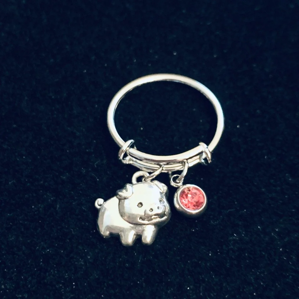 Pig charm dangle ring with birthstone charm